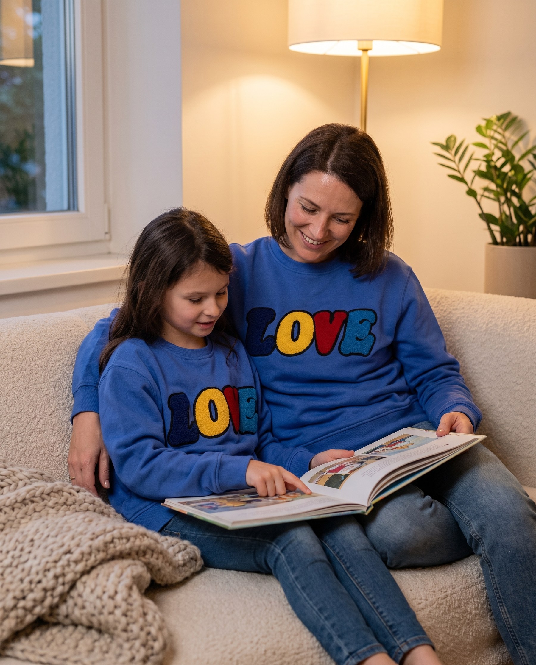 Mutter und Tochter lesen gemeinsam auf dem Sofa im LOVE Sweatshirt