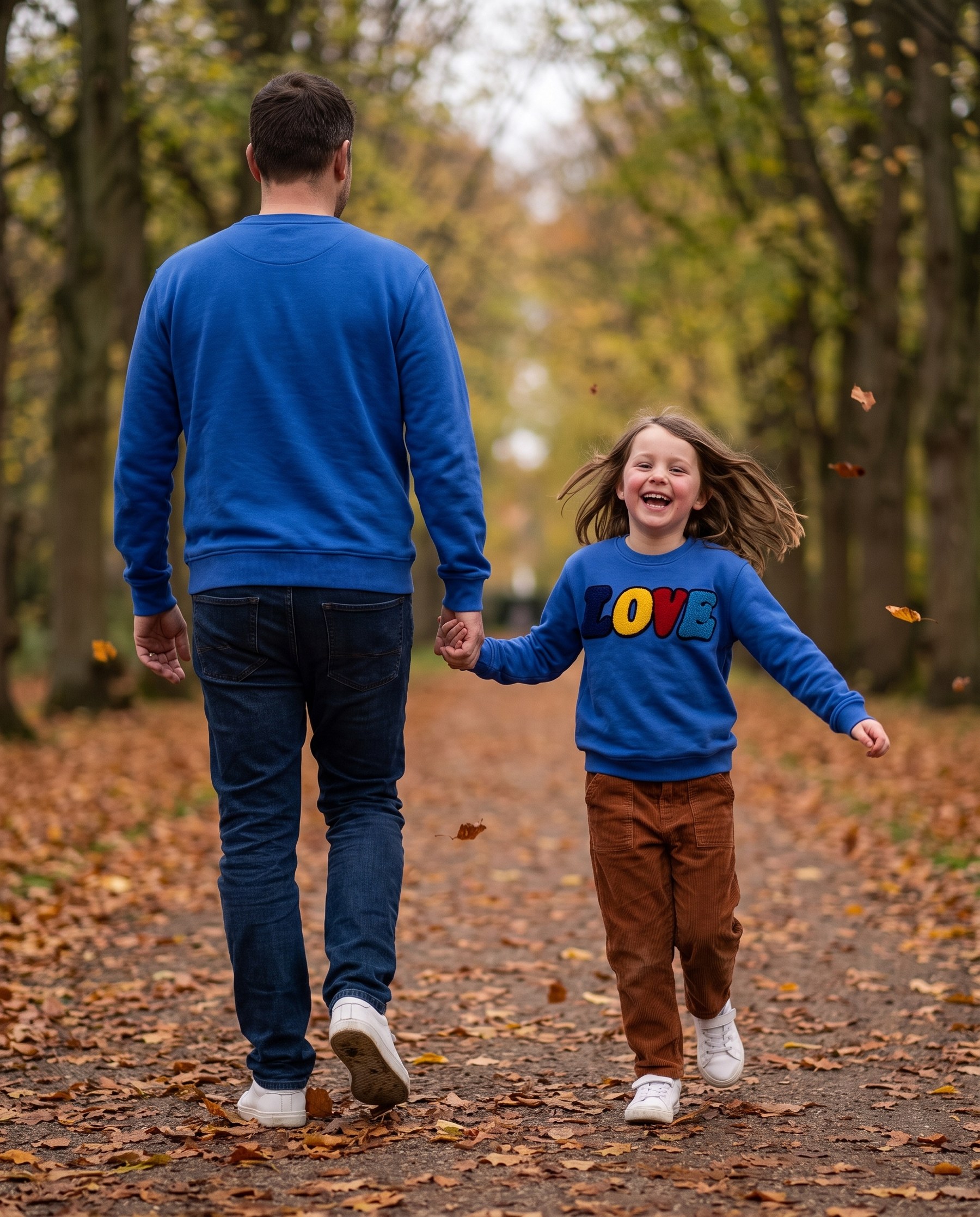 Vater und Tochter Hand in Hand auf herbstlicher Allee